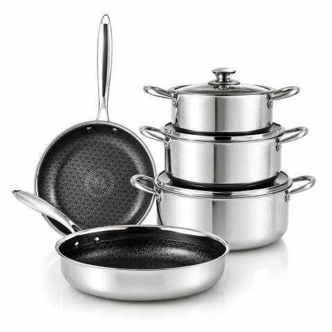 Bucatarie - SET VASE DE GĂTIT DIN ALUMINIU FORJAT, 8 PIESE, ÎNVELIȘ ANTIADERENT ȘI CAPACE DIN STICLĂ TERMOREZISTENTĂ – SET COMPLET OALE ȘI TIGAIE