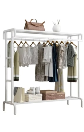 Casa Si Gradina - Suport dublu de umerase pentru haine, cu 1 suport de pantofi, din metal, cu raft depozitare deasupra – 50KG greutate maxima, 150x120x48cm