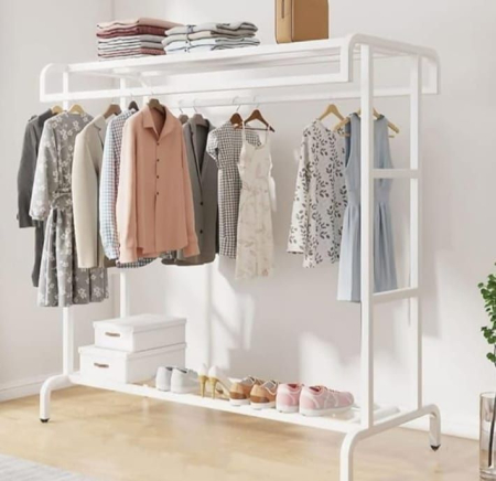 Suport dublu de umerase pentru haine, cu 1 suport de pantofi, din metal, cu raft depozitare deasupra – 50KG greutate maxima, 150x120x48cm [1]