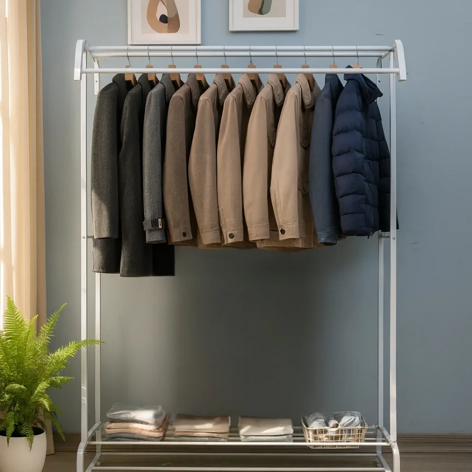 Casa Si Gradina - Suport dublu de umerase pentru haine, cu 1 suport de pantofi, din metal, cu raft depozitare deasupra – 50KG greutate maxima, 150x120x48cm