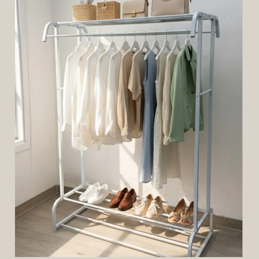 Suport dublu de umerase pentru haine, cu 1 suport de pantofi, din metal, cu raft depozitare deasupra – 50KG greutate maxima, 150x120x48cm [1]