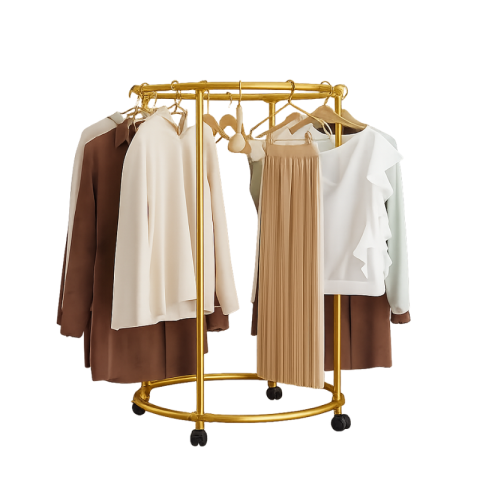 organizare si depozitare - Suport rotund din oțel Inoxidabil pentru haine, cu roti, finisaj cromat, capacitate 40 kg