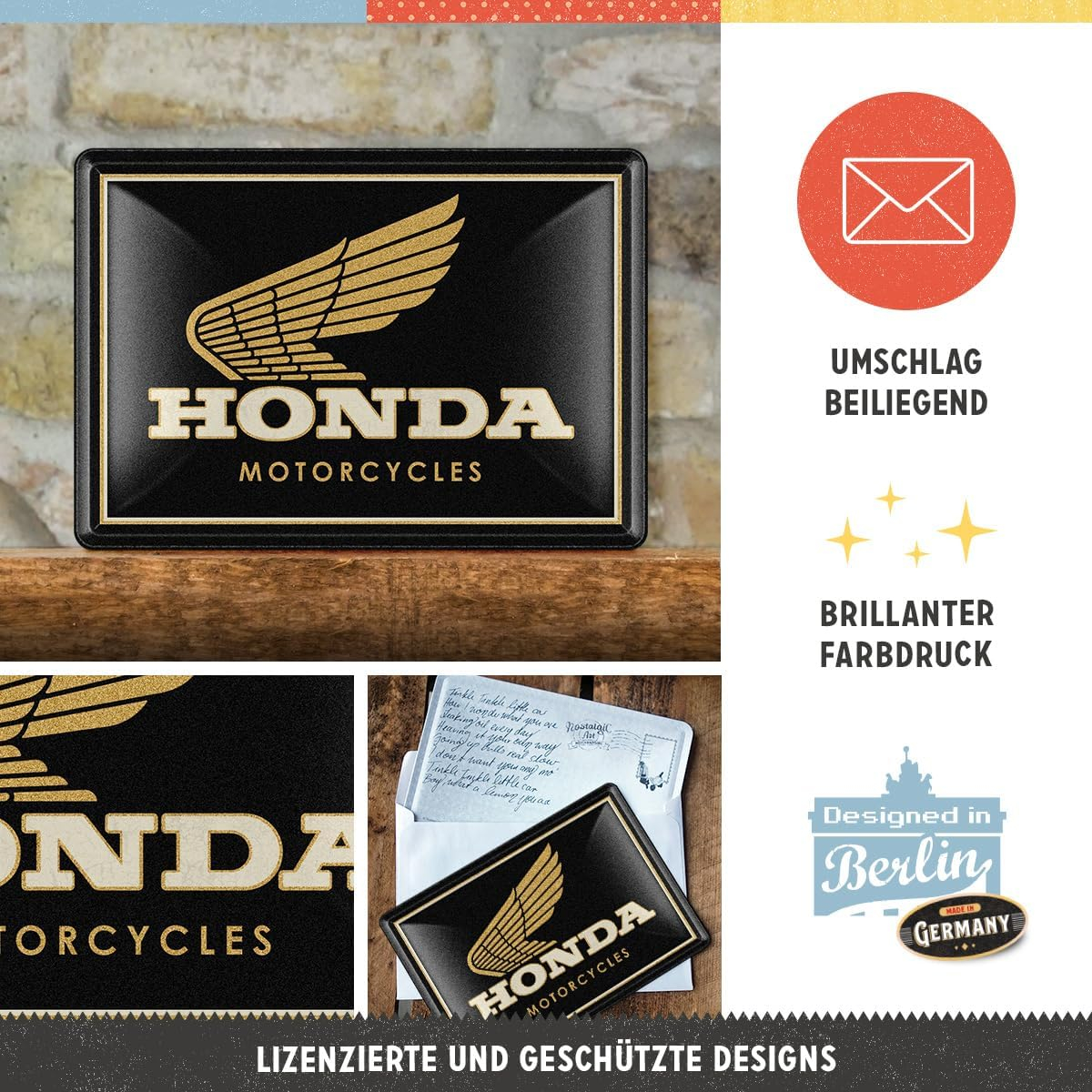 Carte postala metalica Honda MC Motorcycles Gold - Sigla Honda Moto pe auriu [4]