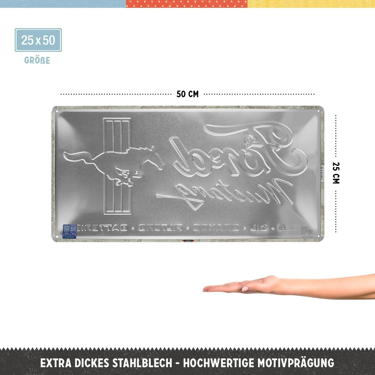 Placa metalica 25x50 Ford Mustang Horse Stripes Logo Red - Sigla cu Cal si Dungi [2]