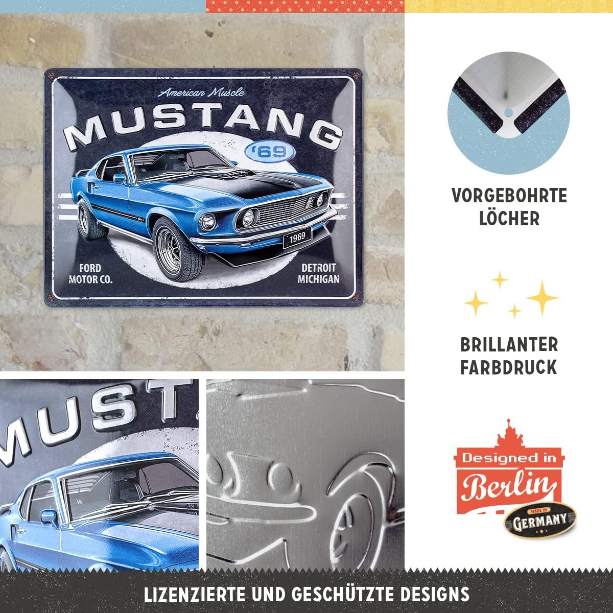 Placa metalica 30X40 Ford Mustang - 1969 Mach 1 Albastru [5]