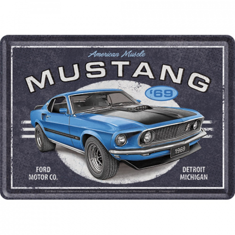 PLACI - Carte postala metalica Ford Mustang 1969 Mach 1 Blue - Albastru