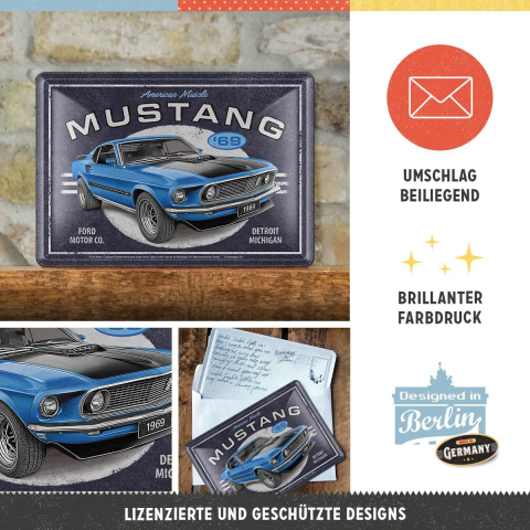 Carte postala metalica Ford Mustang 1969 Mach 1 Blue - Albastru [3]
