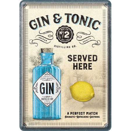 Carte postala metalica Gin & Tonic Served Here - Gin & Tonic Servit Aici