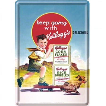 PLACI - Carte postala metalica Keep going with Kellogg's - Tine-o tot asa cu Kellogg's