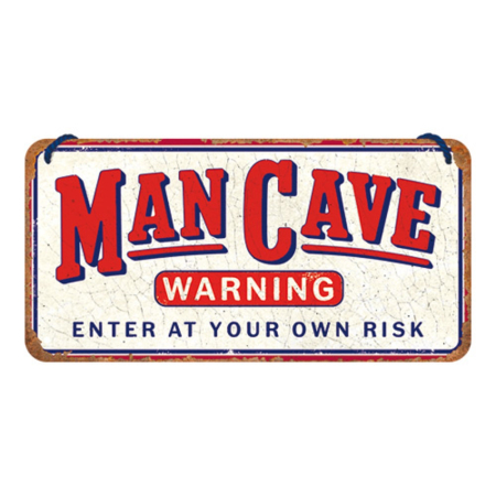 Placa decor metalica cu snur 10x20 Man Cave Warning - Avertisment -Pestera Barbatului