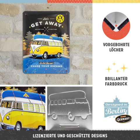 Placa metalica 15x20 VW Bulli - Le's Get Away Night - Hai sa o intindem - fundal de noapte [2]