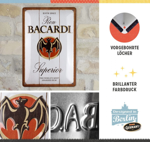 Placa metalica 20x30 Bacardi - Superior White Wood - Logo Bacaradi Superior - fundal de lemn [2]