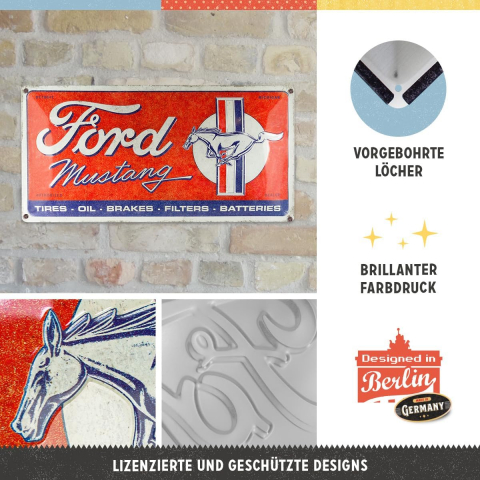 Placa metalica 25x50 Ford Mustang Horse Stripes Logo Red - Sigla cu Cal si Dungi [2]