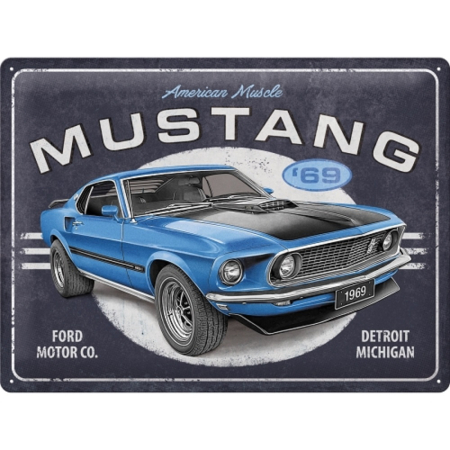 PLACI - Placa metalica 30X40 Ford Mustang - 1969 Mach 1 Albastru