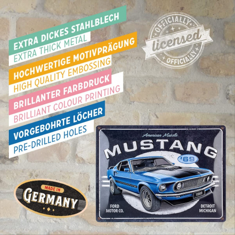 Placa metalica 30X40 Ford Mustang - 1969 Mach 1 Albastru [3]