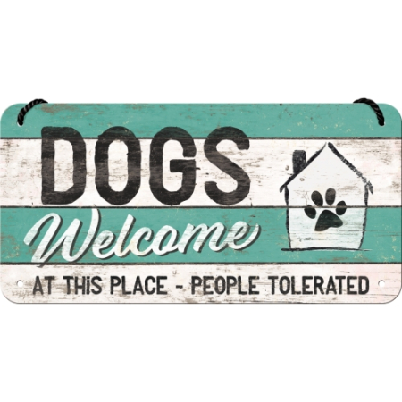 PLACI - Placa metalica cu snur 10x20 Dogs welcome - Catei sunt bineveniti