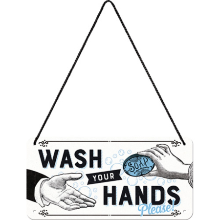 Placa metalica cu snur 10x20 Wash Your Hands - Spalati-va pe Maini [1]