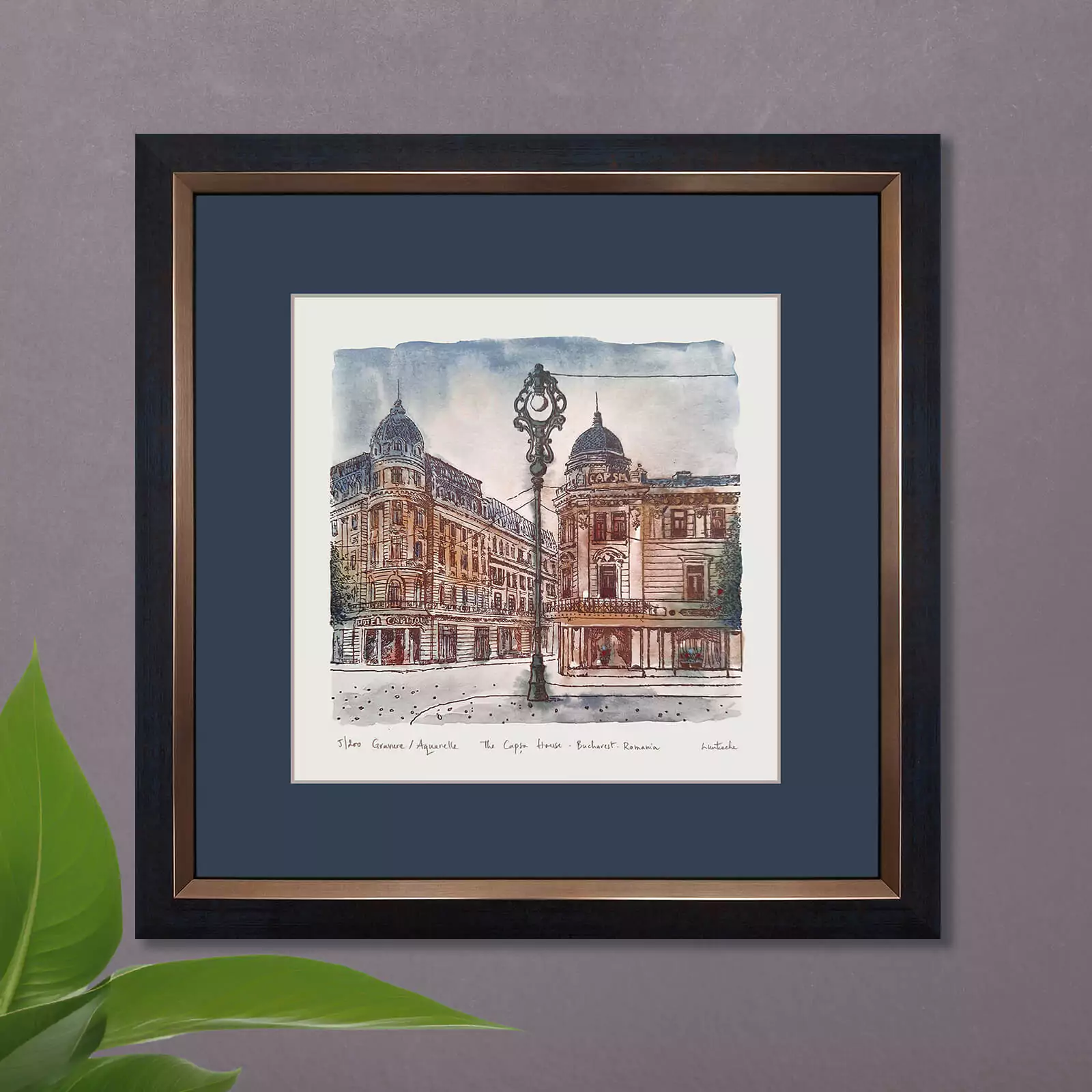 Gravuri Monumente Istorice București - Casa Capșa - gravură și acuarelă