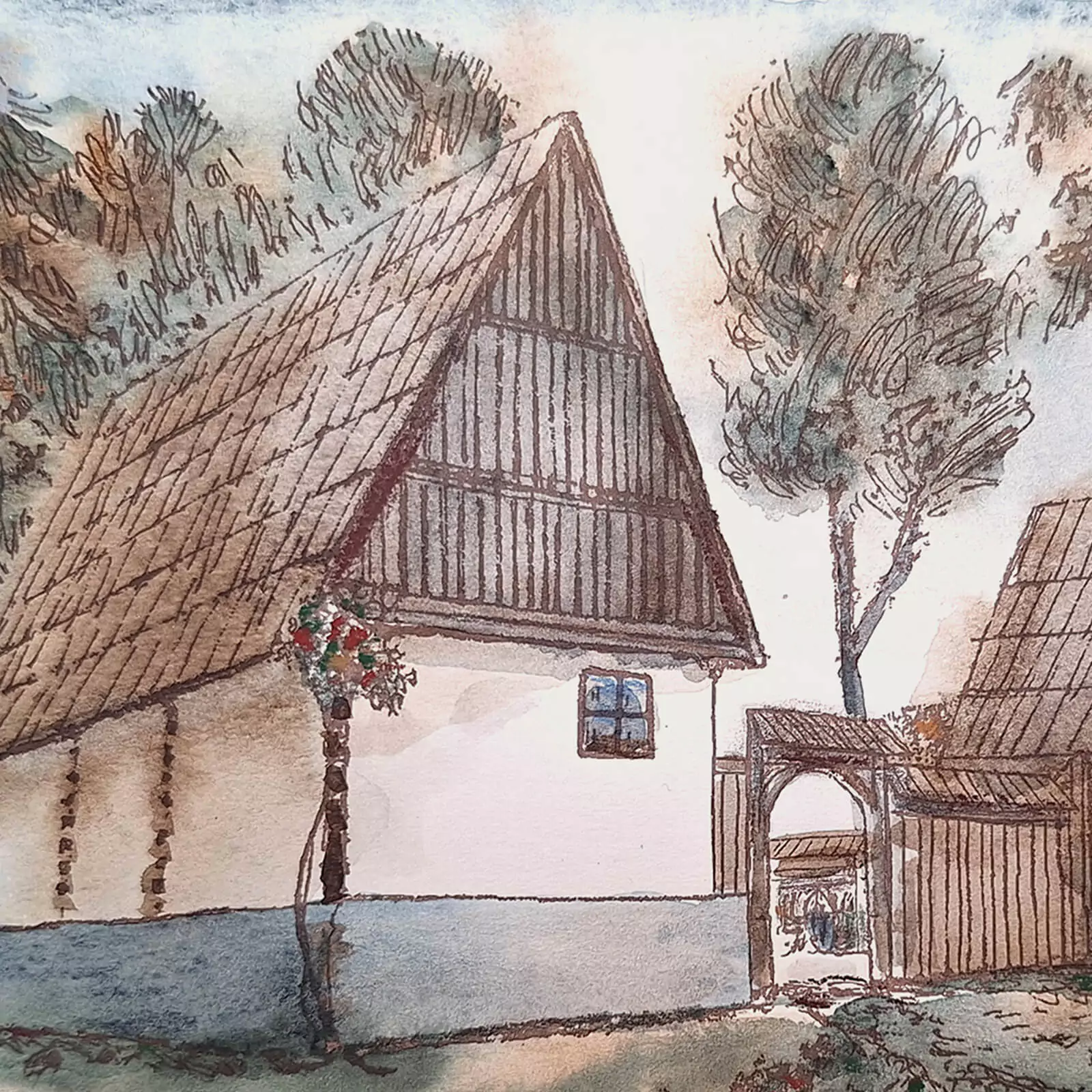 Gravură casă tradițională din Sibiu [2]