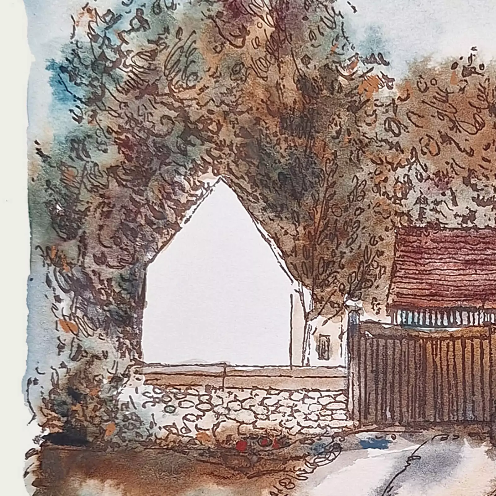 Gravură casă tradițională românească [2]