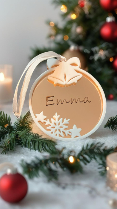 Glob personalizat din plexiglass oglindă – model „Clopoței și fulgi de nea” [1]