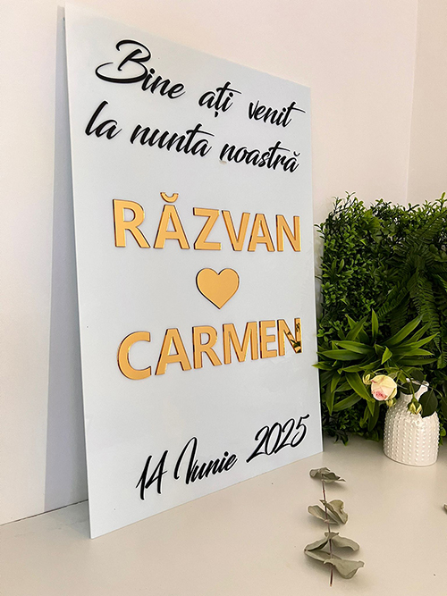 Panou de Întâmpinare Nuntă din Plexiglas cu Accente Aurii – Personalizat cu Numele Mirilor [1]