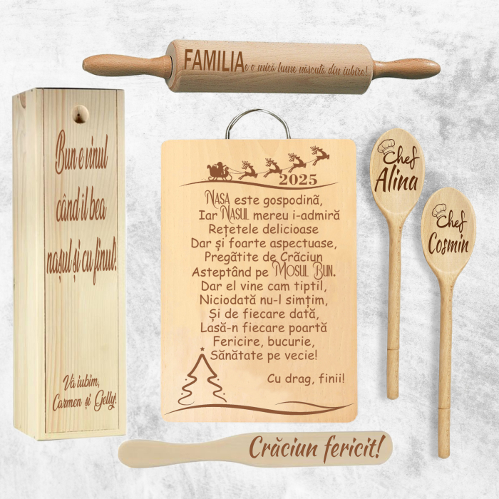 Set cadou Crăciun pentru Nași – cu tocător gravat, linguri, sucitor și cutie de vin personalizată [1]