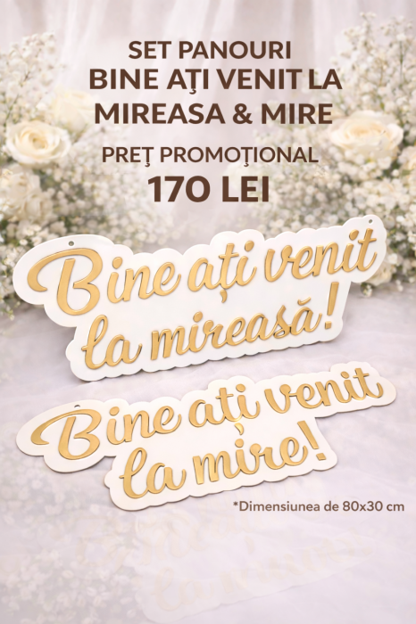 Set panouri  „Bine ați venit la mireasă” și „Bine ați venit la mire” – Decor nuntă [2]