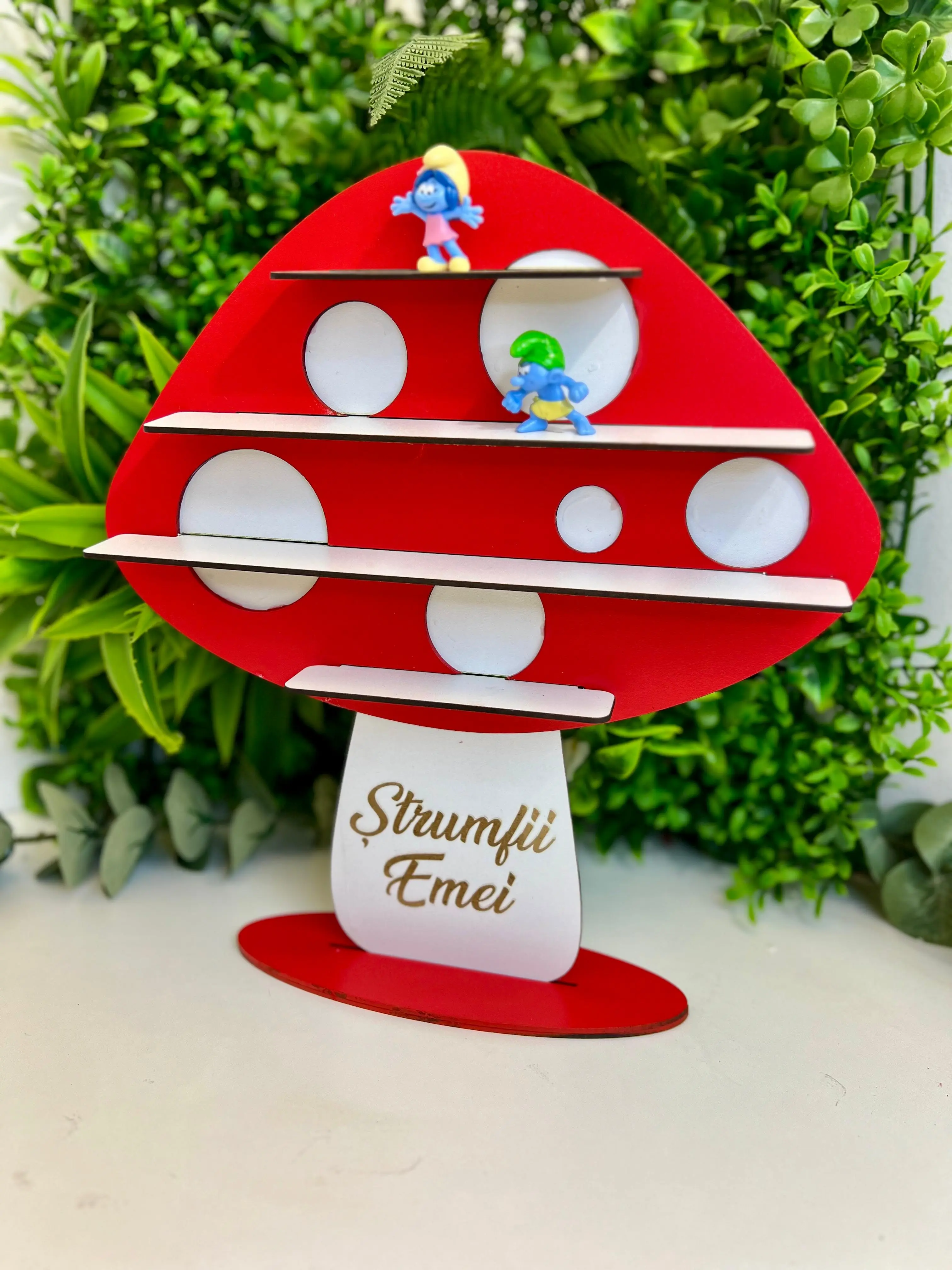 Cadouri - Casuta pentru Strumfi personalizată – Design ciupercuta din lemn, 30 x 33 cm