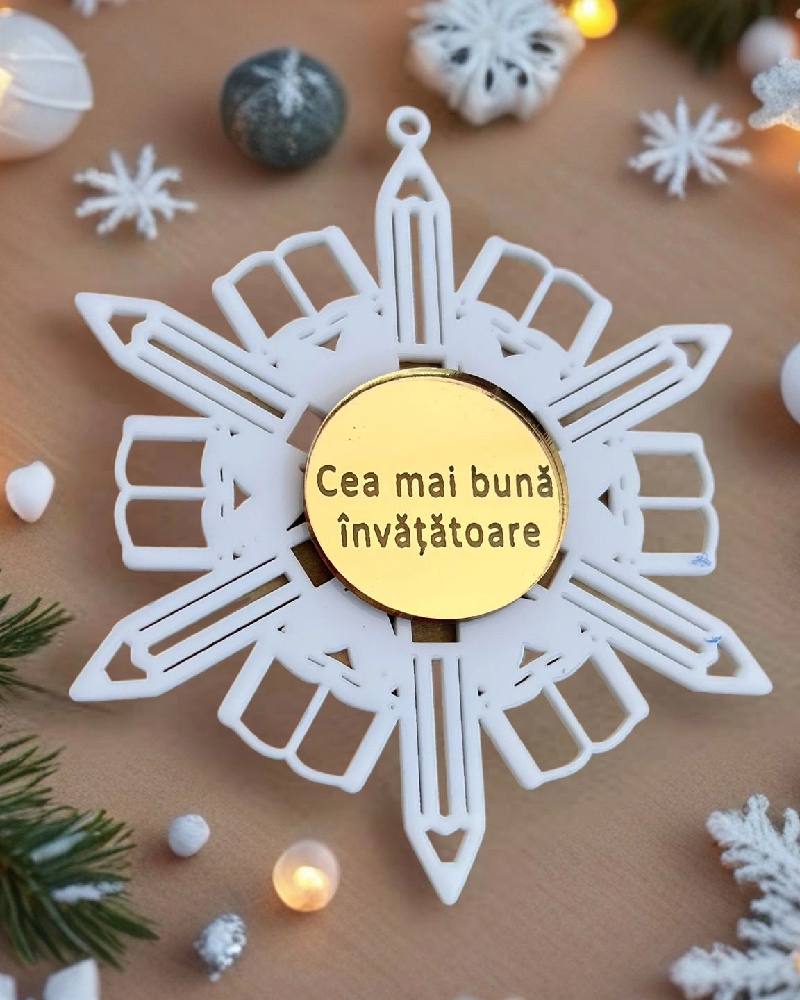 Globuri Personalizate - Glob personalizat de Crăciun – „Cea mai bună învățătoare”, fulg din plexiglass alb și oglindă auriu | Cadouri Lemn