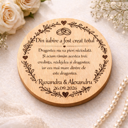 Nunta/Botez - Mărturie de nuntă din lemn cu magnet – personalizată, 80 mm