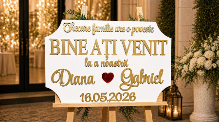 Nunta/Botez - Panou Bine Ati Venit Nunta Personalizat 60x40 cm Lemn Alb Text la Alegere Inima Plexiglass Oglinda
