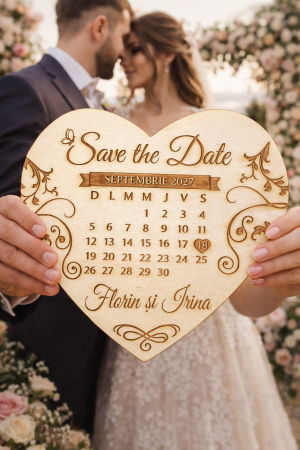 Nunta/Botez - panou-save-the-date-lemn-inima-calendar-personalizat-22x21-cm