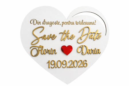 Panou Save the Date personalizat inimă 40x37 cm din lemn cu text 3D și inimă plexiglass roșu oglindă [1]