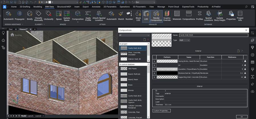 Sisteme de pereti stratificati si materiale asociate in BricsCAD BIM