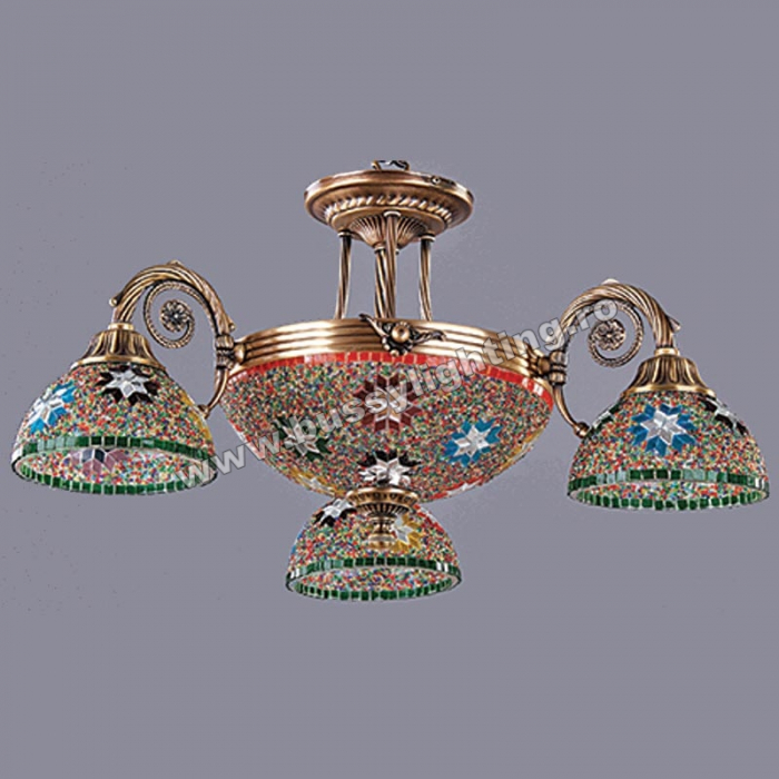 Lustra Dakar cu 3 Brate, Desing Clasic, Finisaj Bronz Antichizat, Abajur Mozaic - Bussy Lighting 3087-52-03M [1]