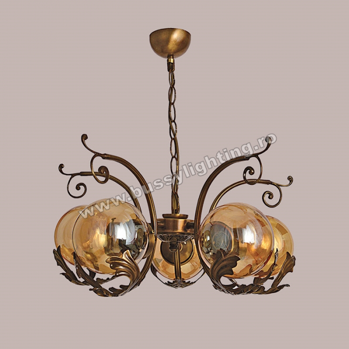 Lustra Devon cu 5 Brate, Desing Vintage, Finisaj Bronz Antichizat, Abajur Amber - Bussy Lighting 7294-52-05 [1]