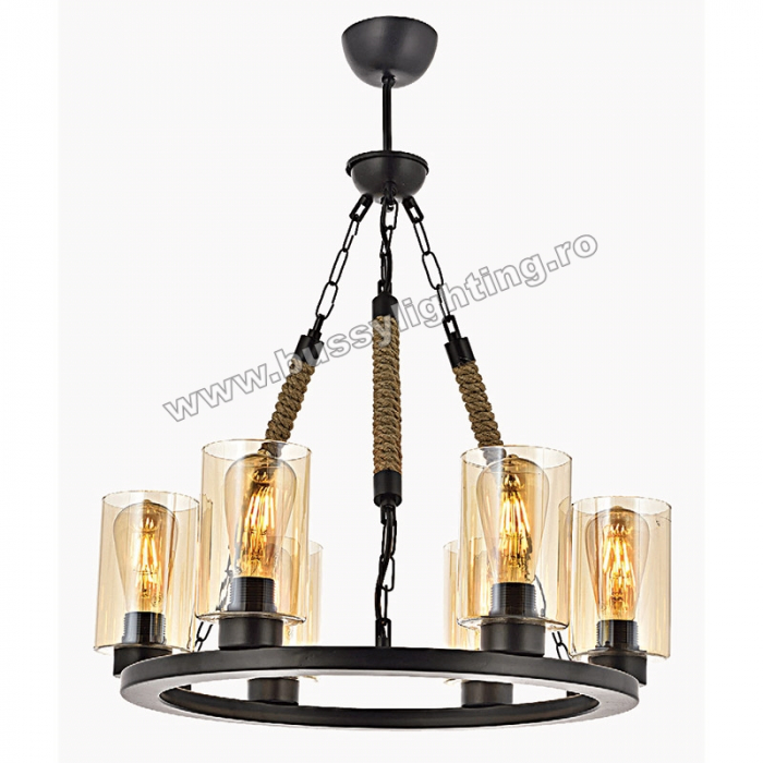 Lustra Frame cu 6 Brate, Desing Rustic, Negru, Abajur Din Sticla - Bussy Lighting 0321-54-06C [1]