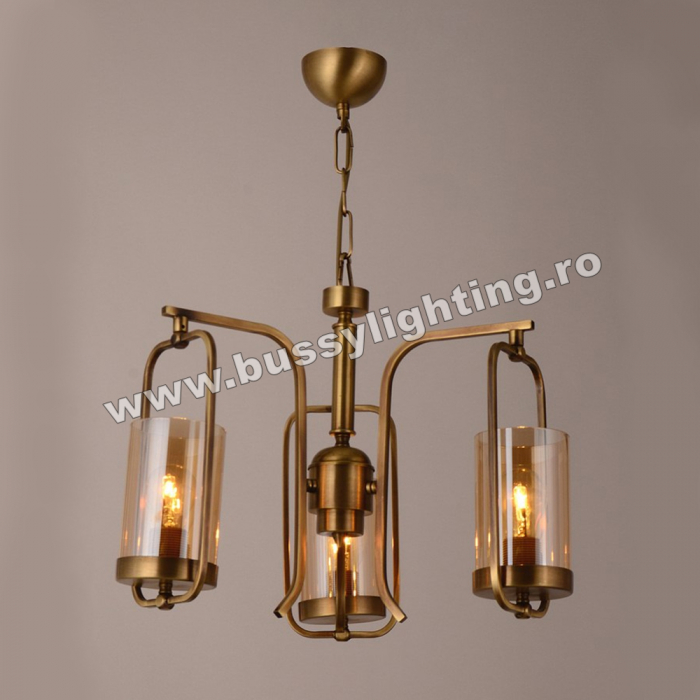 Lustra Kandil cu 3 Brate, Neo Clasic, Finisaj Bronz Antichizat, Abajur Amber - Bussy Lighting 7400-52-03 [1]