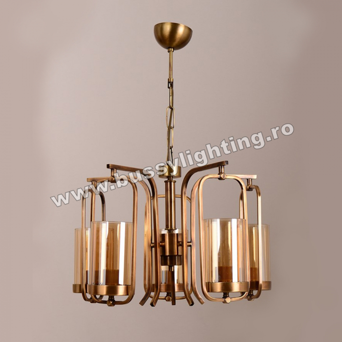 Lustra Kandil cu 5 Brate, Neo Clasic, Finisaj Bronz Antichizat, Abajur Amber - Bussy Lighting 7400-52-05 [1]