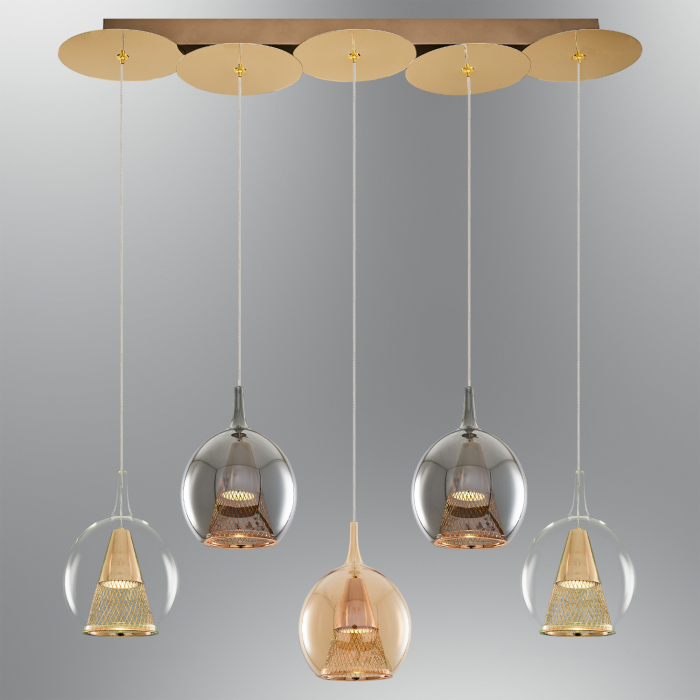 Lustra Masa Dining 2835-5AS cu 5 brate GU10, Desing modern vintage, Abajur din sticla [1]