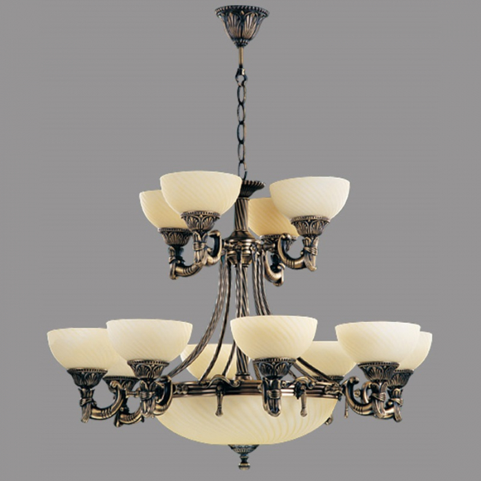 Candelabru Omega cu 12 Brate, Desing Clasic, Finisaj Bronz Antic, Abajur Crem - Bussy Lighting 3035-52-12A [1]