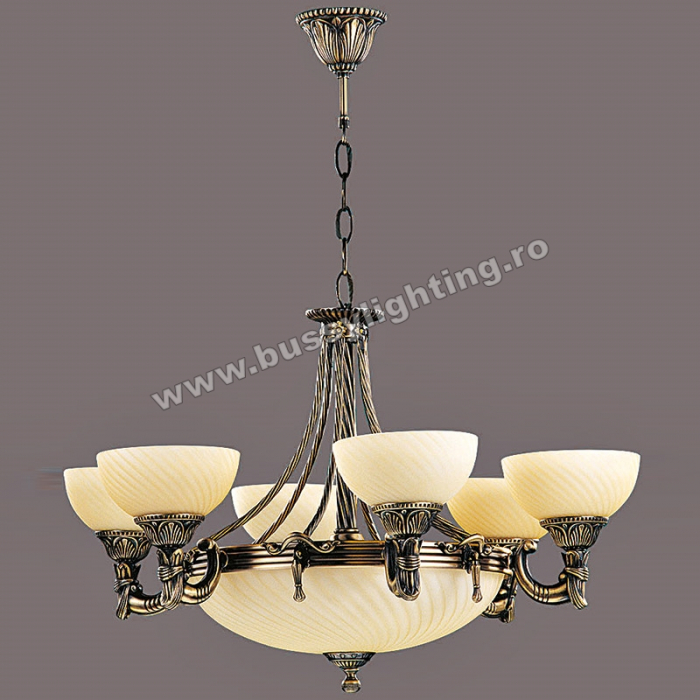 Lustra Omega cu 6 Brate, Desing Clasic, Finisaj Bronz Antic, Abajur Crem - Bussy Lighting 3035-52-06A [1]