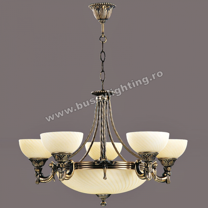 Lustra Omega cu 5 Brate, Desing Clasic, Finisaj Bronz Antic, Abajur Crem - Bussy Lighting 3035-52-05A [1]