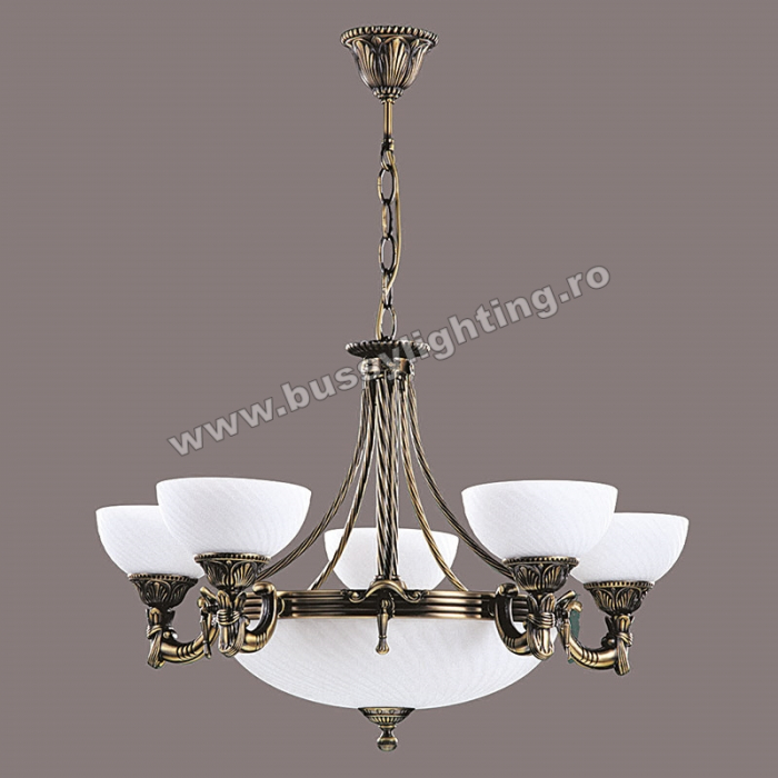 Lustra Omega cu 5 Brate, Desing Clasic, Finisaj Bronz Antic, Abajur Alb - Bussy Lighting 3035-52-05B [1]
