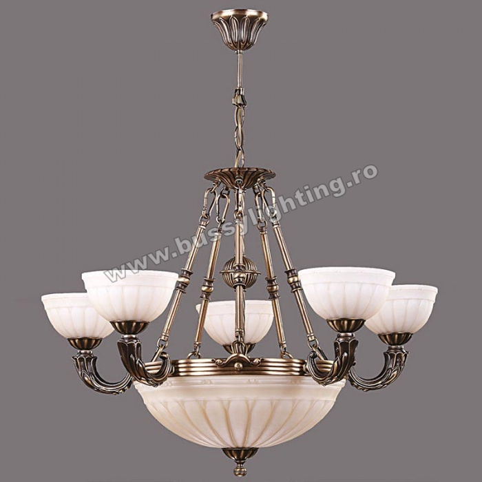Candelabru Lagos cu 5 Brate, Desing Clasic, Finisaj Bronz Antic, Abajur Crem - Bussy Lighting 3086-52-05A [1]