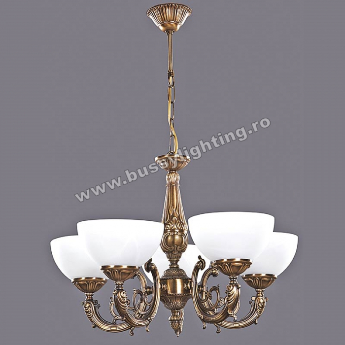 Lustra Polen cu 5 Brate, Desing Clasic, Finisaj Bronz Antic, Abajur Alb - Bussy Lighting 7179-52-05B [1]