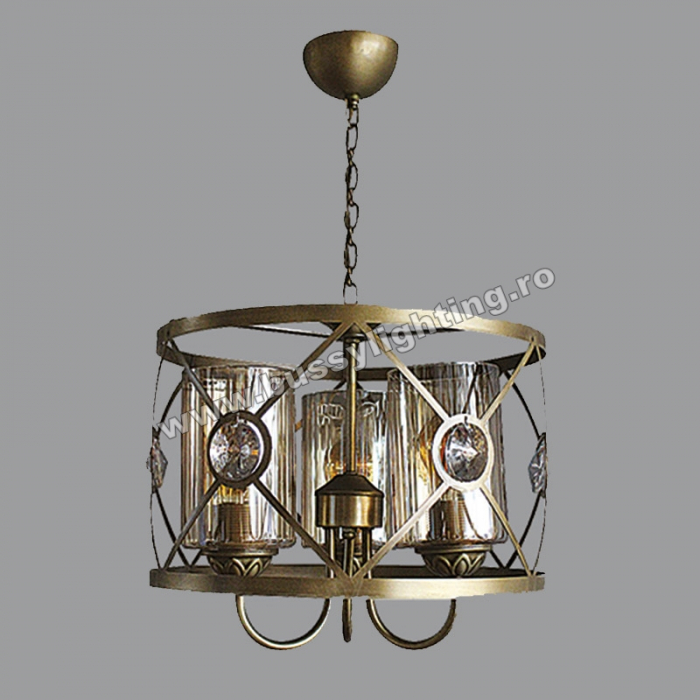 Lustra Selero cu 3 Brate, Desing Vintage, Finisaj Bronz Antichizat, Abajur Amber - Bussy Lighting 0341-52-03 [1]