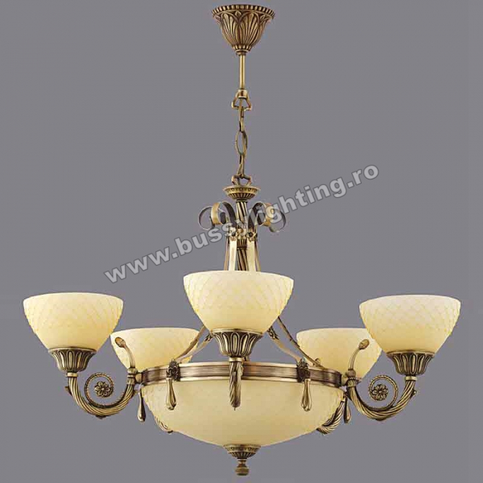 Lustra Vanilla cu 5 Brate, Desing Clasic, Finisaj Bronz Antic, Abajur Crem - Bussy Lighting 3062-52-05A [1]