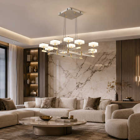 Lustre Moderne Premium - Lustra Milano LED cu 12 Brate pentru Living, Finisaj Aluminiu Periat - Gold Bussy Lighting  5876-8+4
